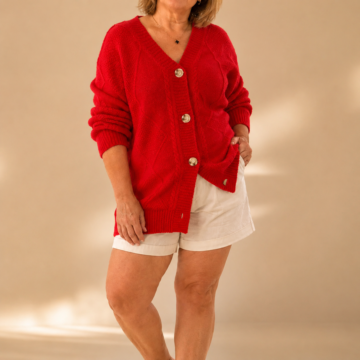 Gilet femme en maille douce à col V, coloris rouge