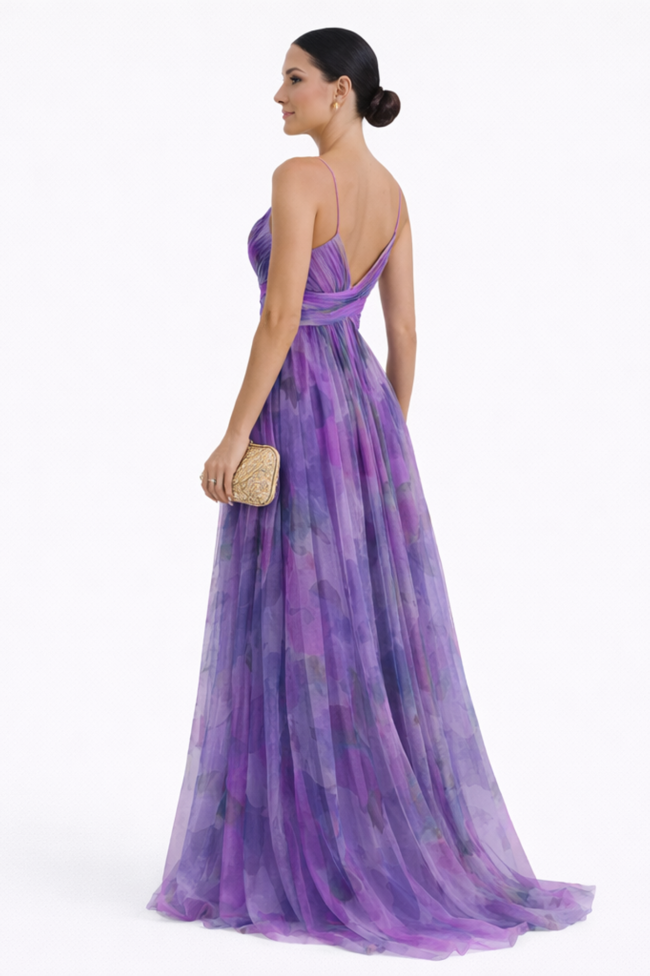 Robe longue élégante femme décolleté v bretelles fines robe soirée fluide imprimé violet