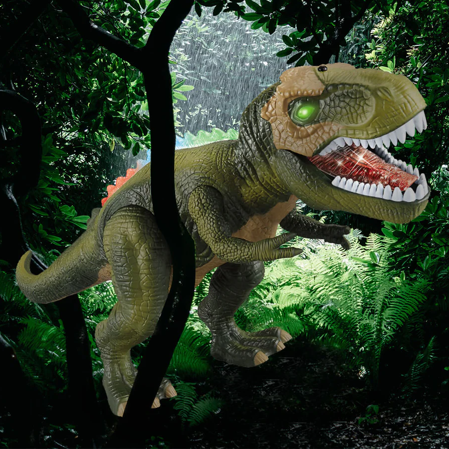 T-Rex télécommandé en situation de jeu dans un décor de jungle
