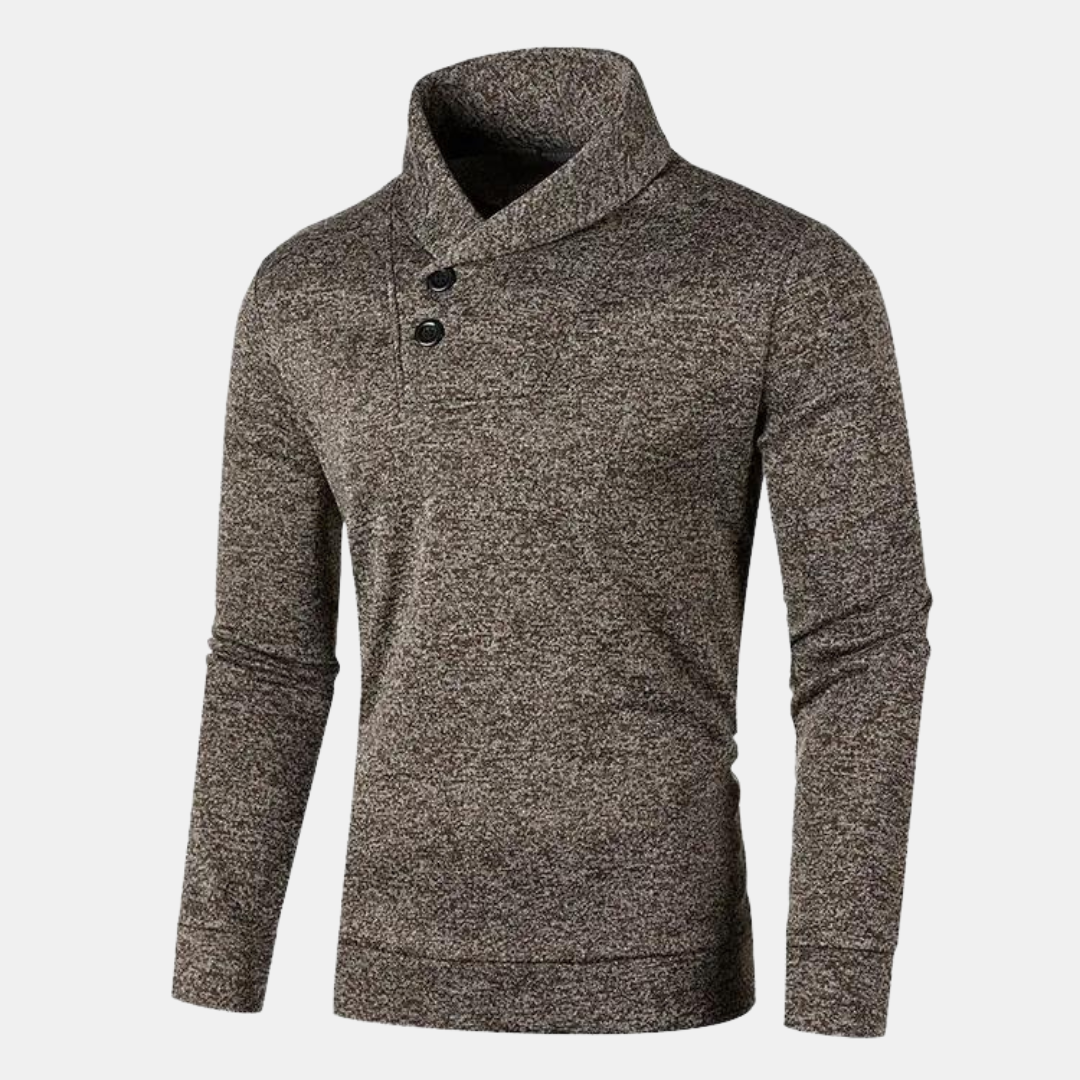 Pull ajusté à col montant boutonné pour homme présenté à plat