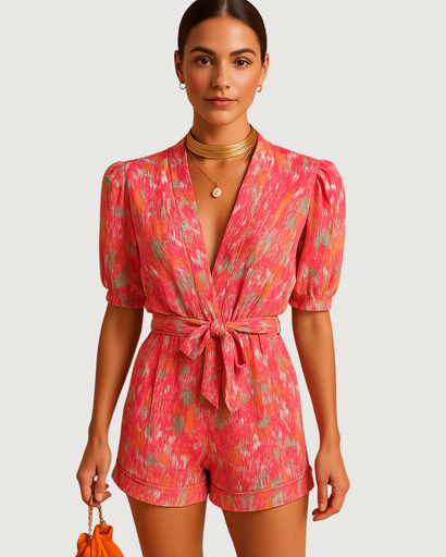 Combishort femme avec ceinture nouée et coupe flatteuse