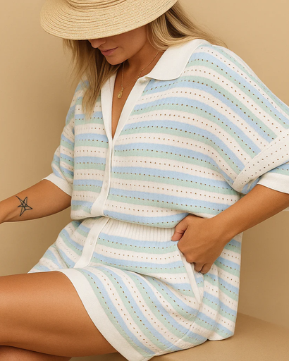 Ensemble Deux Pièces Rayé Femme – Blouse & Short Lin | Style Estival & Décontracté