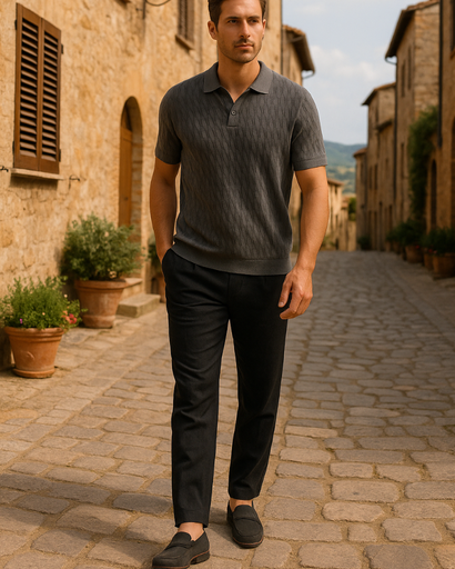 Polo Homme Tricoté à Manches Courtes avec Motif Texturé