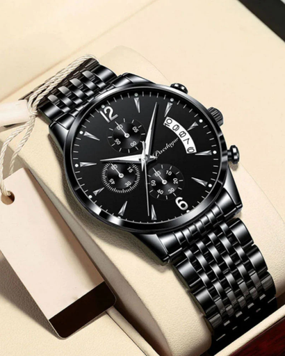 Montre Homme Élégante – Acier Inoxydable Noir & Détails Dorés