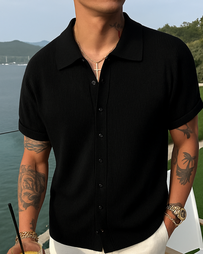 Polo blouse pour homme – Tricot côtelé à manches courtes
