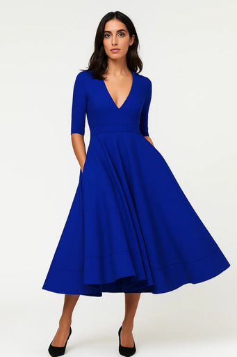 Robe Midi Évasée Femme Col V – Manches 3/4 & Volume Flatteur | Cocktail & Mariage Chic