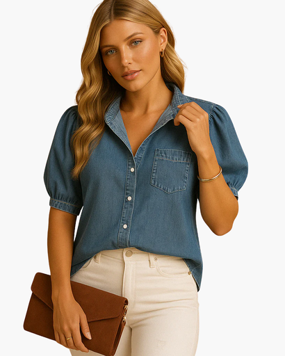 Blouse femme manches courtes avec boutons, style denim