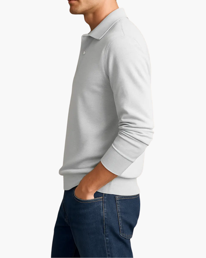 Polo à Manches Longues Old Money pour Homme – Gris Clair avec Col et Boutons