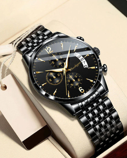 Montre Homme Élégante – Acier Inoxydable Noir & Détails Dorés