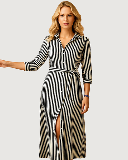 Robe Chemise Longue Élégante – Ceinture Taille et Boutonnage Avant