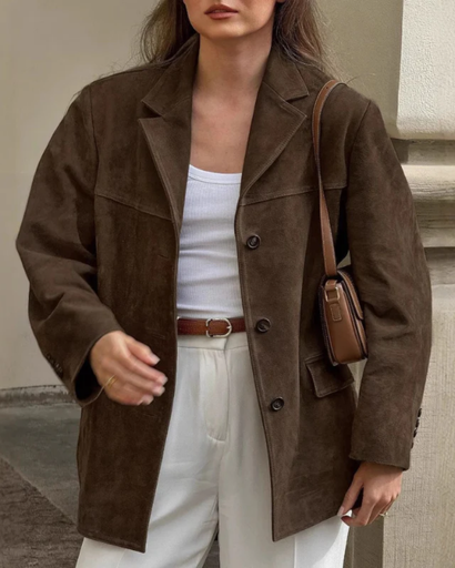 Blazer Femme – Coupe Oversize – Effet Suédine – Fermeture à Boutons