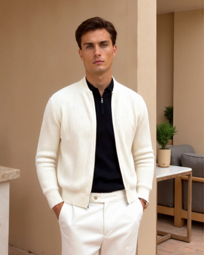 Cardigan Zippé Homme en Maille – Col Rond & Finition Côtelée