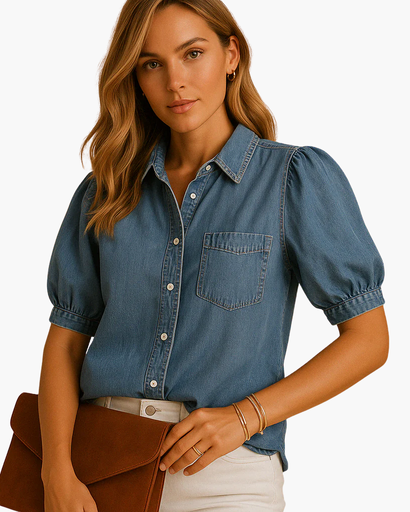 Blouse femme manches courtes avec boutons, style denim