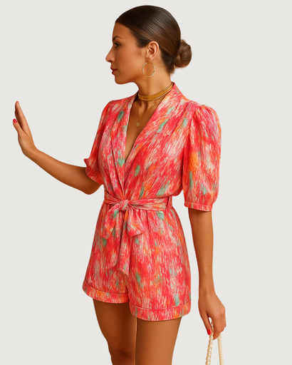 Combishort femme avec ceinture nouée et coupe flatteuse