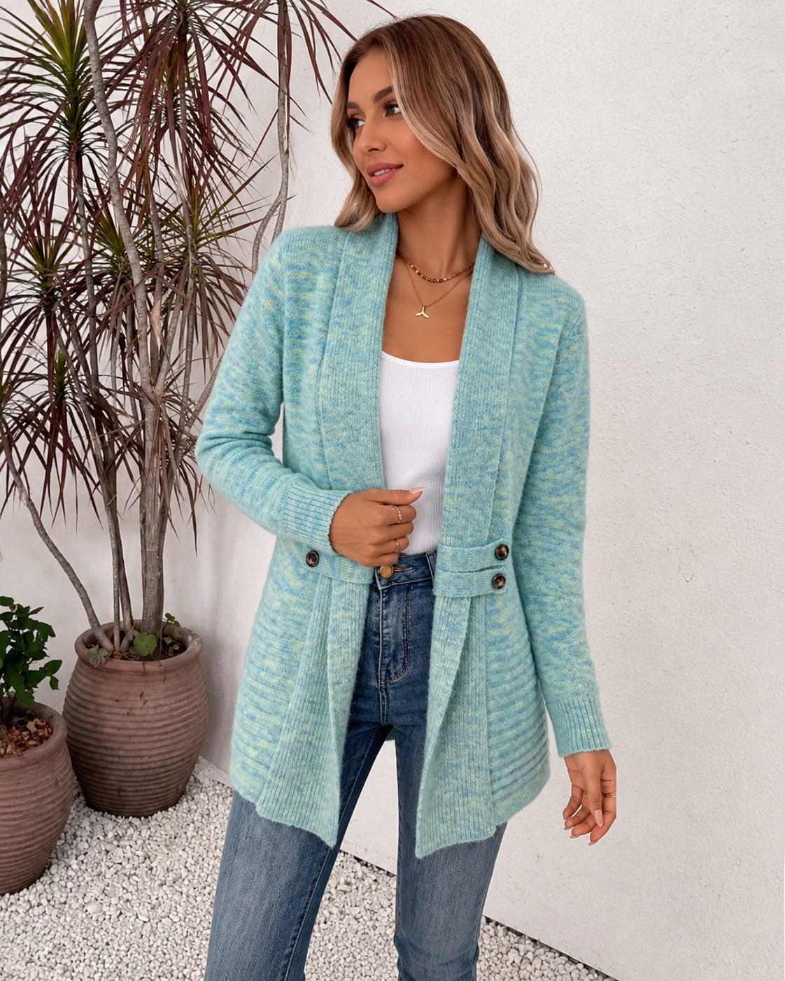 Gilet long en maille à col châle, coloris vert clair