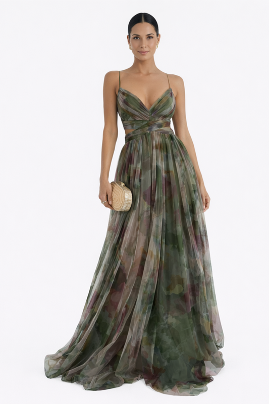 Robe longue élégante femme décolleté v bretelles fines robe soirée fluide imprimé violet