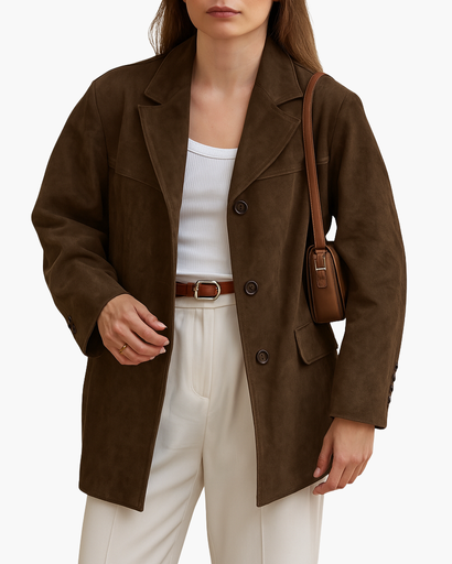 Blazer Femme – Coupe Oversize – Effet Suédine – Fermeture à Boutons