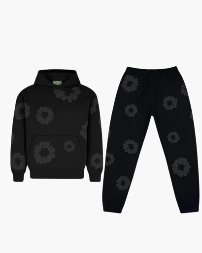 Ensemble Sweat à Capuche et Pantalon – Imprimé Floral Noir et Blanc