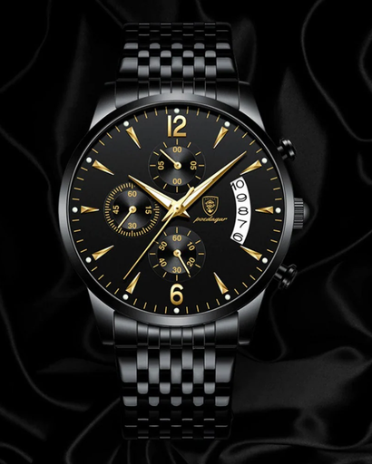 Montre Homme Élégante – Acier Inoxydable Noir & Détails Dorés
