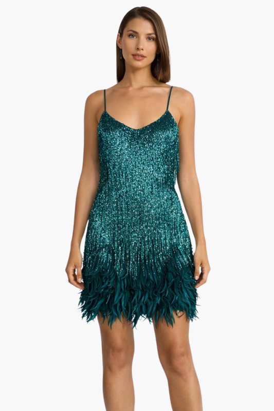 Robe mini femme scintillante à franges – Robe de soirée à sequins avec plumes