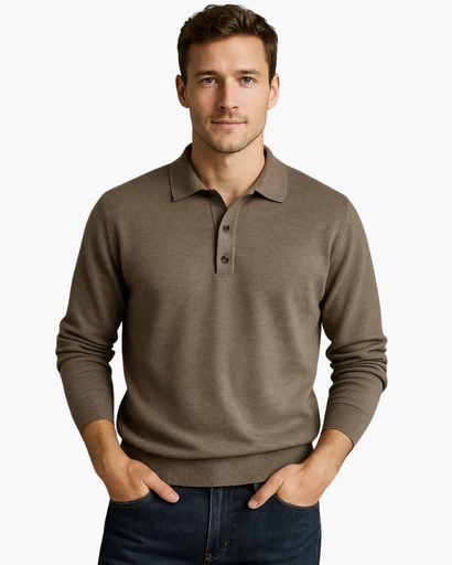 Polo à Manches Longues Old Money pour Homme – Gris Clair avec Col et Boutons