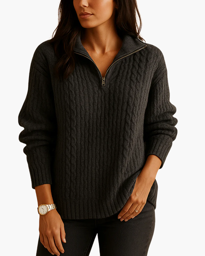 Pull côtelé avec demi-zip et col montant pour femme