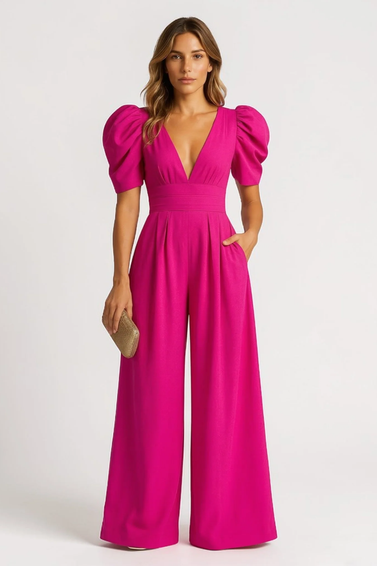 Combinaison Femme Élégante – Col V avec Manches Bouffantes et Jambes Larges