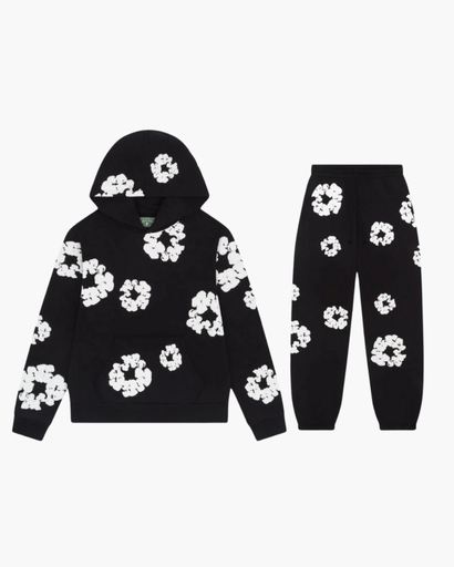 Ensemble Sweat à Capuche et Pantalon – Imprimé Floral Noir et Blanc