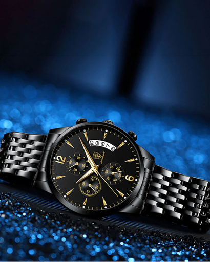 Montre Homme Élégante – Acier Inoxydable Noir & Détails Dorés