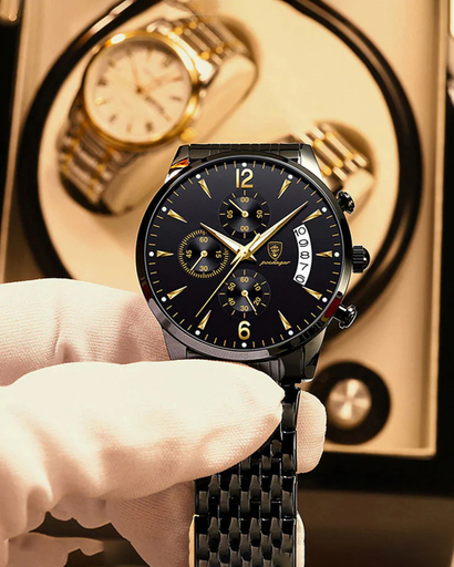 Montre Homme Élégante – Acier Inoxydable Noir & Détails Dorés