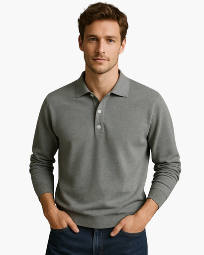 Polo à Manches Longues Old Money pour Homme – Gris Clair avec Col et Boutons