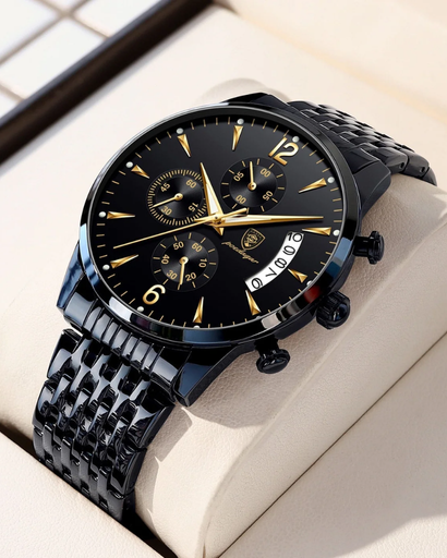 Montre Homme Élégante – Acier Inoxydable Noir & Détails Dorés