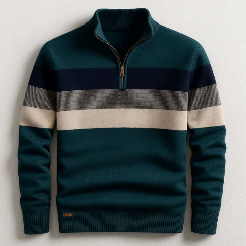 Pull rayé vert, col zippé, vue de face