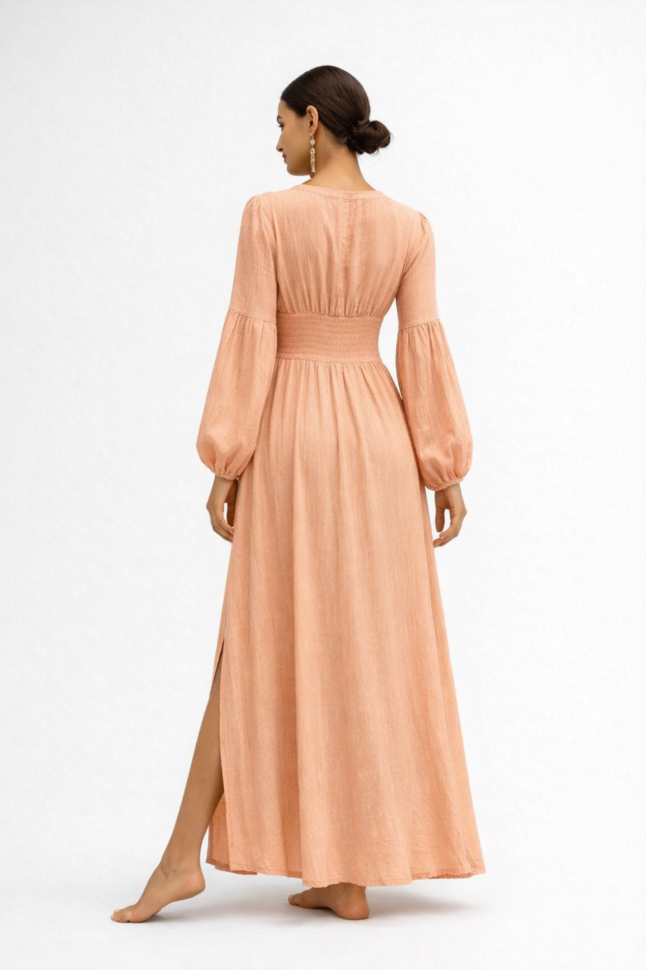 Robe Longue Femme Col V – Robe Fluide Élégante À Manches Longues