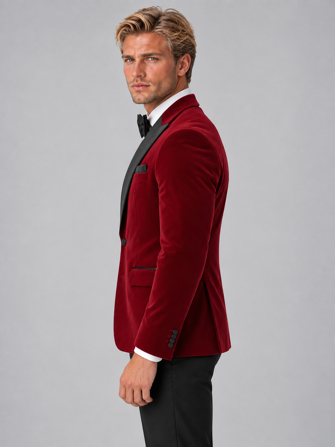 blazer smoking velours bordeaux homme, détail revers