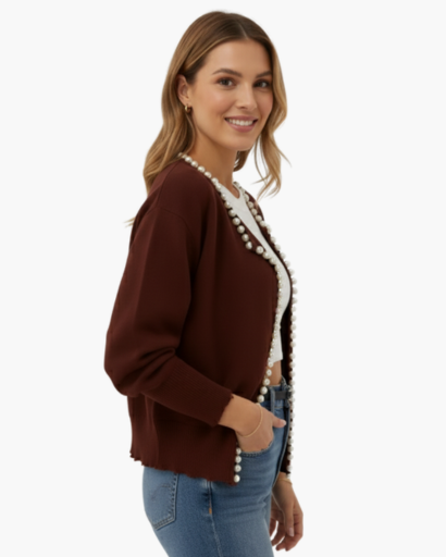 Cardigan Femme Élégant – Finition Perles & Manches Longues | Style Chic