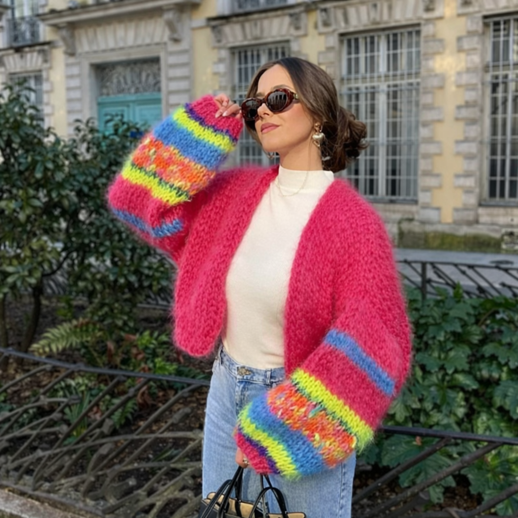Gilet maille chunky rayé Rouge / Rose