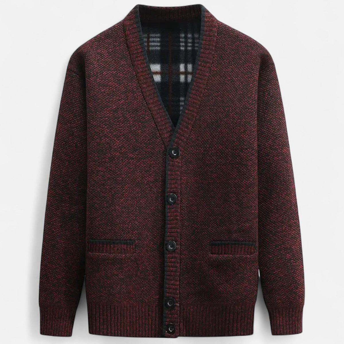 Cardigan homme maille chinée rouge à boutons, vue de face