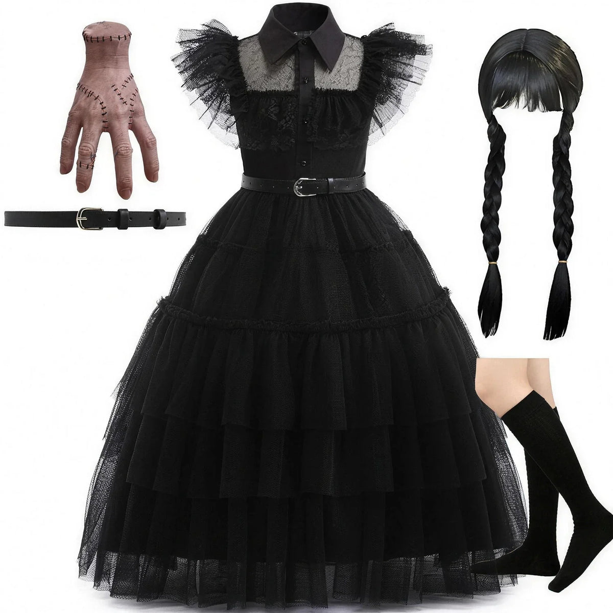 Robe noire gothique pour fille avec perruque tressée, main factice et chaussettes hautes