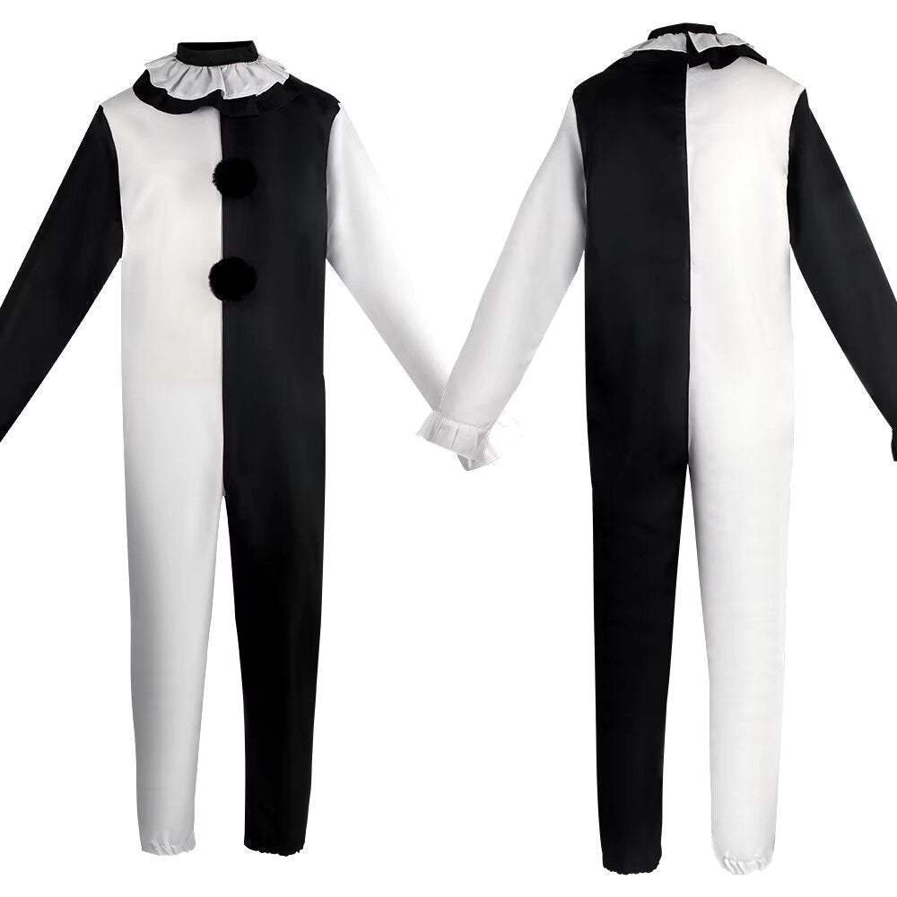 Costume harlequin noir et blanc, vue de face et de dos