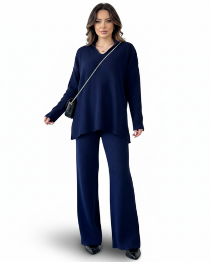 Ensemble Deux Pièces Femme – Pull Col Polo & Pantalon Évasé – Élégance Décontractée
