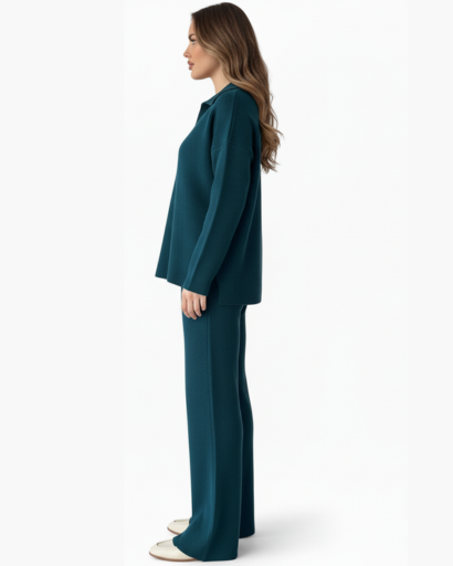 Ensemble Deux Pièces Femme – Pull Col Polo & Pantalon Évasé – Élégance Décontractée