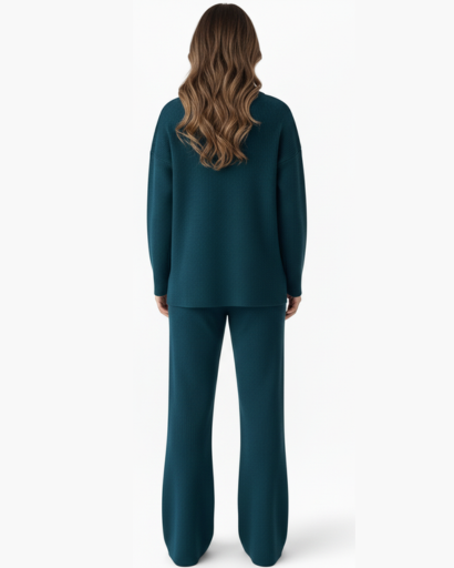 Ensemble Deux Pièces Femme – Pull Col Polo & Pantalon Évasé – Élégance Décontractée