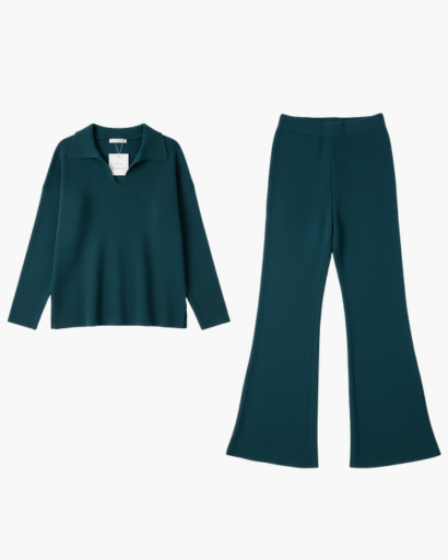Ensemble Deux Pièces Femme – Pull Col Polo & Pantalon Évasé – Élégance Décontractée