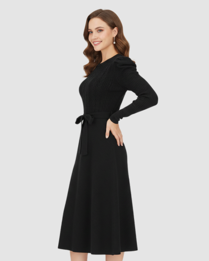 Robe midi en maille avec ceinture et manches longues pour femme