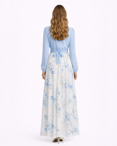 Robe Maxi Cache-Cœur à Jupe Longue Imprimé Floral et Manches Bouffantes