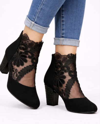 Bottines à talon bloc pour femme avec empiècement dentelle florale et mesh transparent