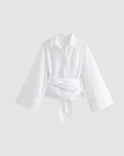 Blouse cache-cœur femme à nouer coupe courte avec manches longues évasées