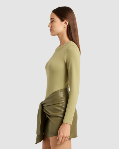 Robe Femme Manche Longue avec Nœud Effet Simili – Coupe Ajustée & Style Moderne