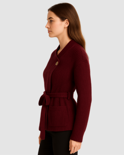 Cardigan Femme en Maille Côtelée Bordeaux avec Ceinture – Élégant & Confortable